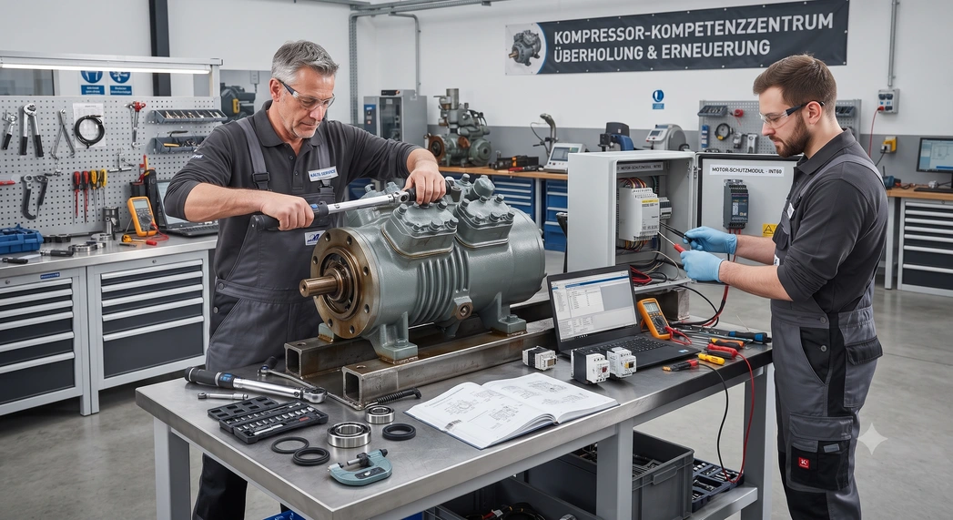 Servicetechniker überprüft einen Verdichter in einer Anlage