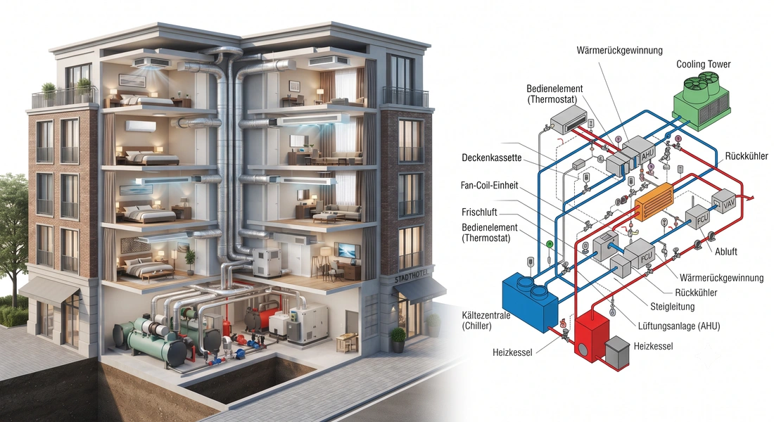 Hotelgang mit Klimageräten außerhalb der Zimmer