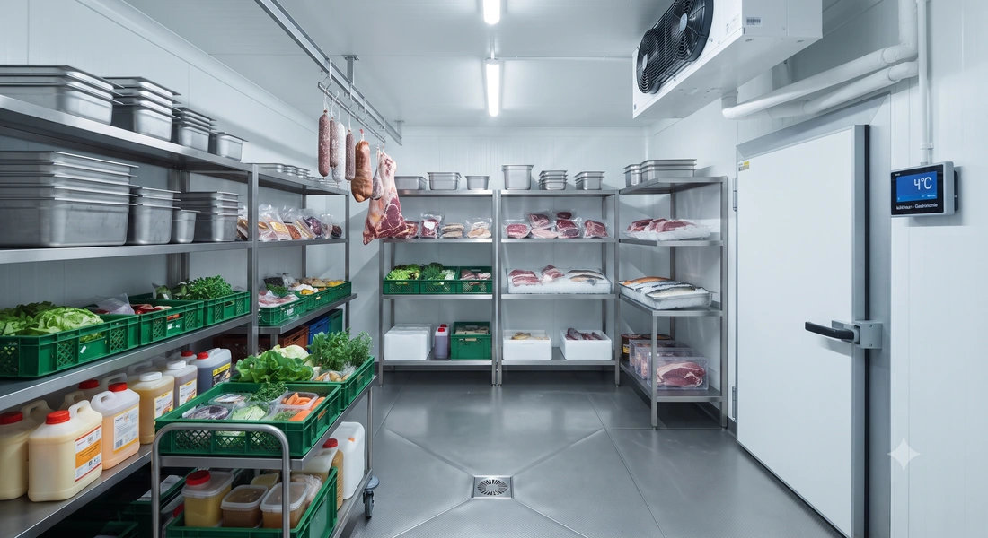 Kühlraum einer Gastronomie mit Regalen