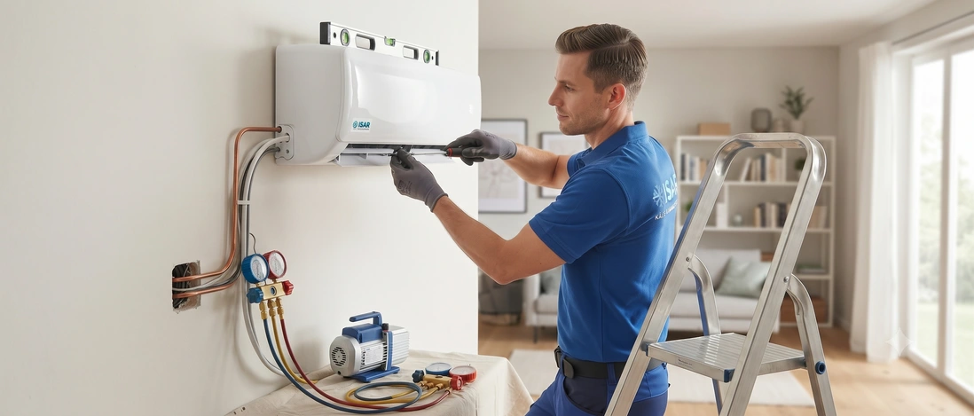 Montage einer Außeneinheit einer Wärmepumpe an einer Hauswand