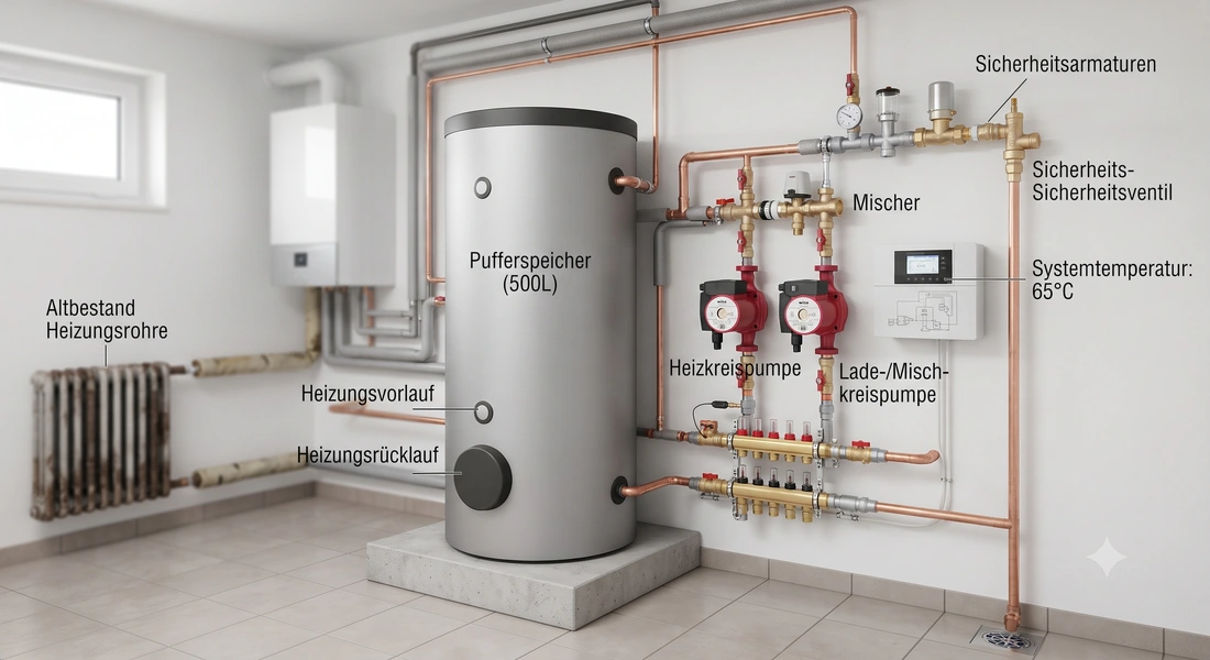 Hydraulischer Anschluss einer Wärmepumpe im Heizungsraum
