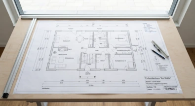 Planer prüft Unterlagen für eine Wärmepumpenanlage in einem Technikraum