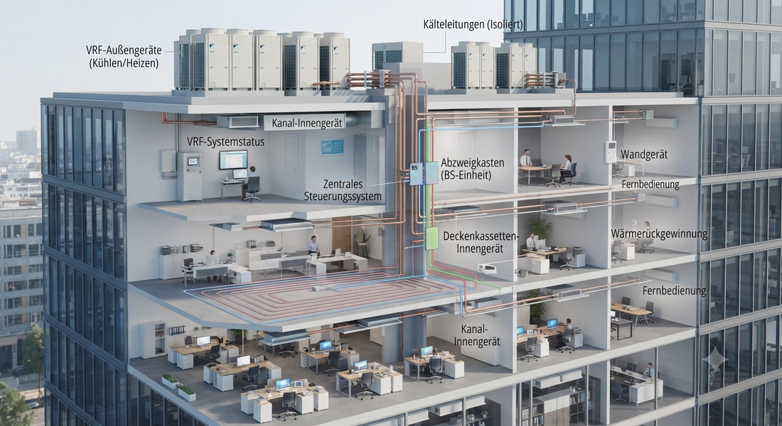 Bürogebäude mit VRF-Außengeräten auf dem Dach