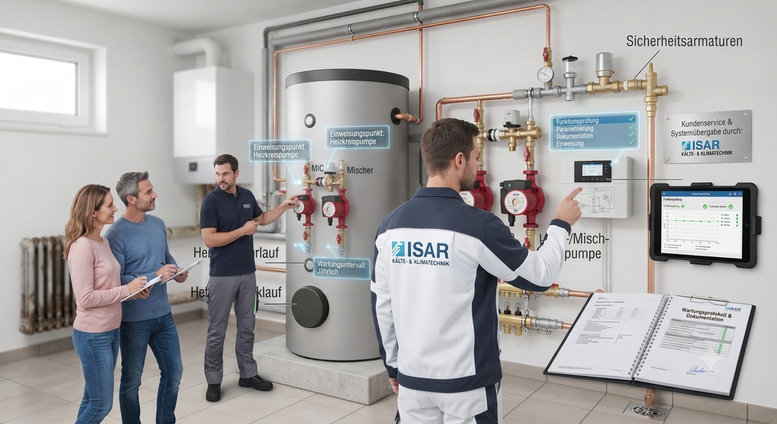 Techniker nimmt eine Wärmepumpe über das Bedienteil in Betrieb