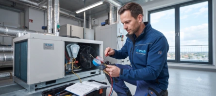 Fachmann überprüft die Außeneinheit einer Wärmepumpe