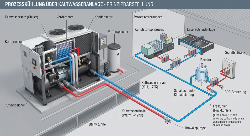 Industrieller Kaltwassersatz mit Rohrleitungen